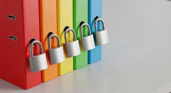 A row of vibrant colored file folders rests on an office desk with a sturdy metal padlock securing the papers for high data protection, records, security, concept