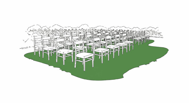 Sketch of an outdoor seating arrangement with rows of chairs on green grass