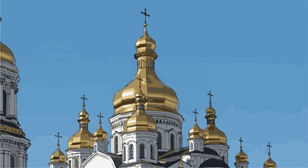 Obraz premium Golden domes of a grand church reach for the clear blue sky