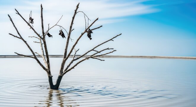 A skeletal dead tree with barren branches rises from a thick pool of fresh wet gray concrete, capturing a contrast of nature and urbanity, post-apocalyptic, environment, detail