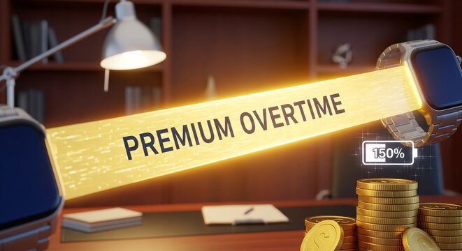 Premium overtime pay banner with gold coins and clock at 150 percent rate