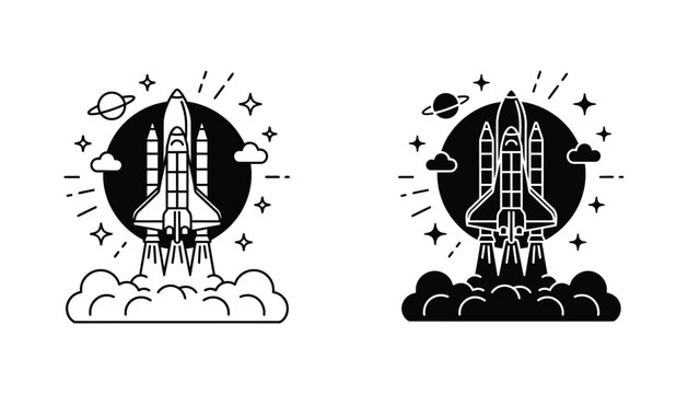 Space shuttle launch with planet and stars icon set in clean outline and solid black vector styles for astronomy and science fiction design