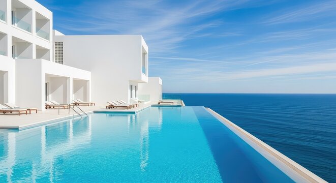 A sleek minimalist resort hotel with stark white geometric walls and a sprawling infinity pool that merges seamlessly with the blue ocean, tropical, calm, peaceful