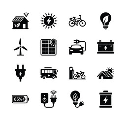Renewable energy icons set displaying solar panels, electric vehicles, wind turbines, and smart charging, ideal for sustainable living and clean tech concepts. © Sultan