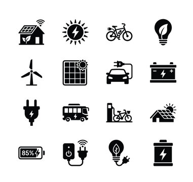 Renewable energy icons set displaying solar panels, electric vehicles, wind turbines, and smart charging, ideal for sustainable living and clean tech concepts.