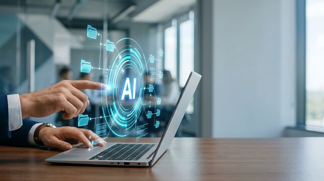 Advanced AI digital assistant interface with neural nets and machine learning icons being accessed by a businessman in a dark contemporary office