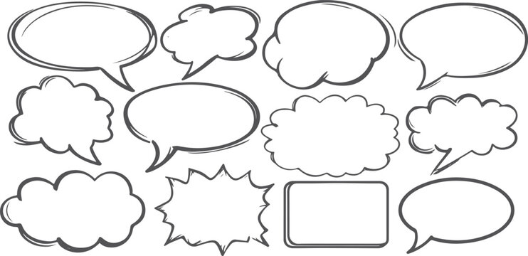 Collection of hand-drawn speech bubbles and thought clouds