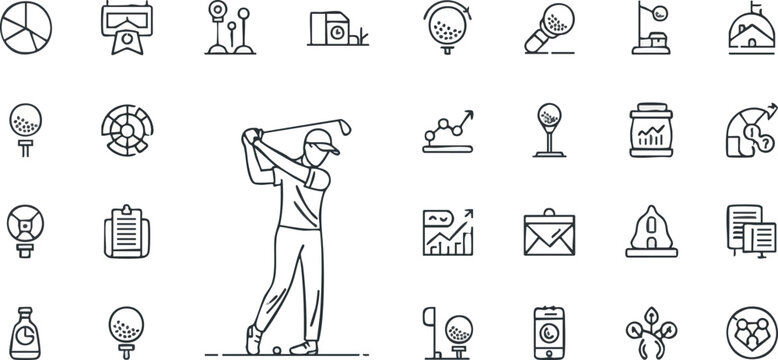 Professional Golfer Swing Illustration with Business and Sport Icons