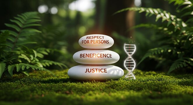 Stacked stones with medical ethics words on grass with dna helix symbol