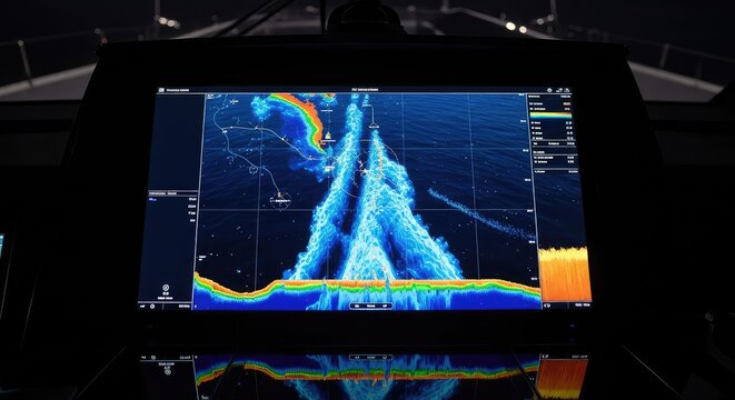 Advanced electronic bridge displays feature glowing nautical charts and sonar data while navigating dark ocean waters on a large luxury vessel, yacht, marine, satellite