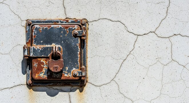 An antique industrial fusebox made of weathered metal with a heavy iron hatch secured by a rusty padlock on a cracked concrete wall surface, metallic, texture, rustic