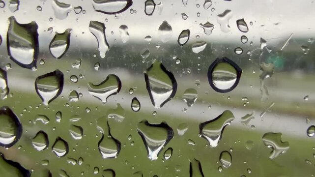 Rain drops on glass with traffic passing by 
