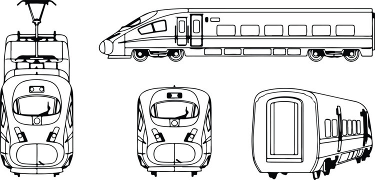 modern train collection with front and side views flat design vector illustration