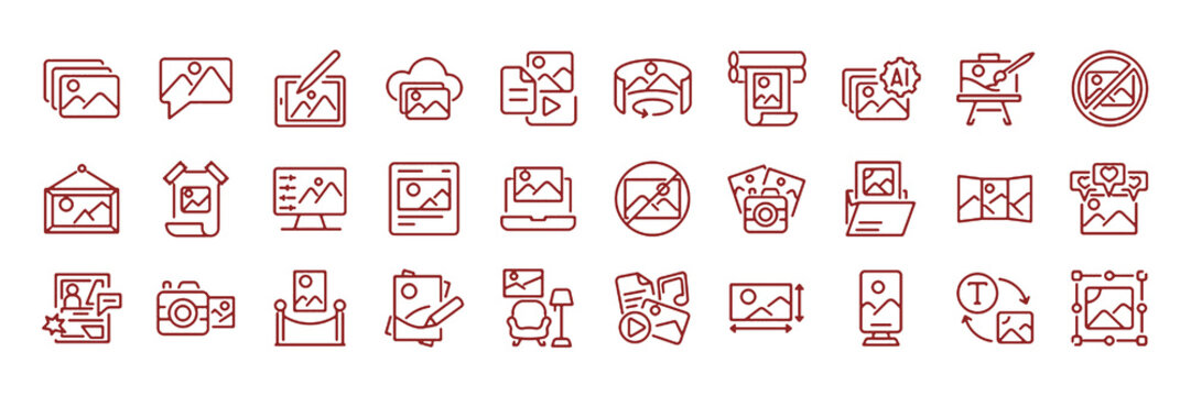 Set of 30 outline icons related to picture, image. Linear icon collection. Editable stroke. Vector illustration