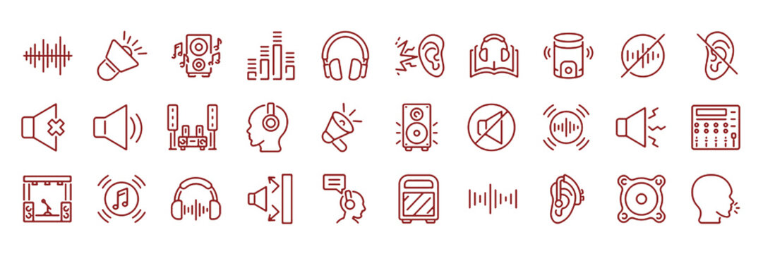 Set of 30 outline icons related to sound. Linear icon collection. Editable stroke. Vector illustration