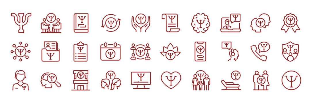 Set of 30 outline icons related to psychology symbol. Linear icon collection. Editable stroke. Vector illustration