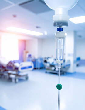 Intravenous drip bag hanging from a metal pole with clear plastic tubing in a quiet hospital ward.