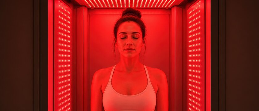 Woman in red light therapy booth anti aging rejuvenation