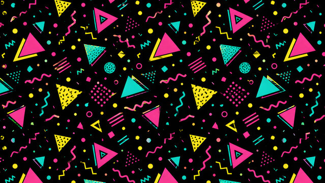 Seamless Memphis style pattern with neon geometric shapes and zigzags on black background.