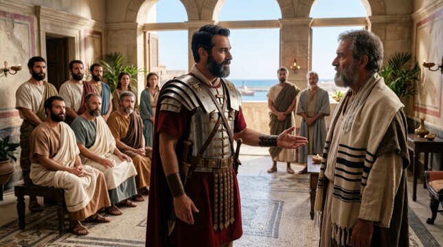 Roman centurion Cornelius welcoming apostle Peter to his home in Caesarea. Ancient biblical scene depicting conversation between Christian leader and military officer. Religious history.
