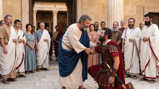 Apostle Peter meets Roman centurion Cornelius in Caesarea. Saint helps officer rise. Biblical scene from Acts of the Apostles, house gathering of friends and family in ancient clothing.