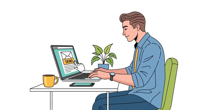 Young man typing on laptop, sending email with send button on screen, coffee mug on desk.