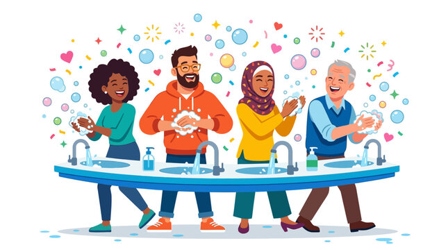 A diverse group of people washing their hands at a long sink for World Hand Hygiene Day, depicted in a colorful vector illustration with a clean white background promoting health