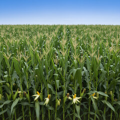 Fototapeta premium Vibrant cornfield under a clear blue sky showcasing agricultural beauty.