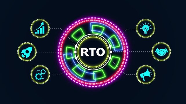 Abstract futuristic neon digital circle HUD interface with RTO text and business icons animation.