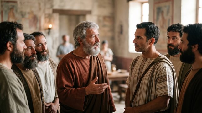Saint Peter preaching Christianity to Cornelius and gathering of people in Caesarea. Ancient biblical scene depicting apostle speaking to roman centurion. Religious historic drama.