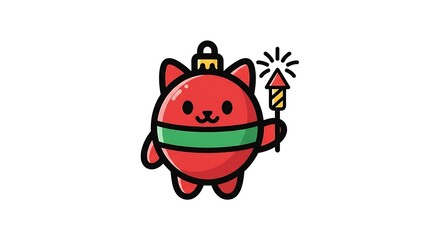 Obraz premium Cat ornament shaped like a festive bauble stands holding a single bright firework for the holidays.