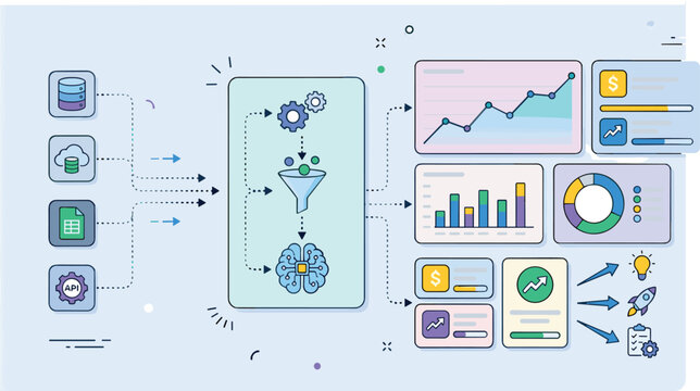 Data processing pipeline with analytics dashboard charts workflow automation and business intelligence visualization in modern flat design