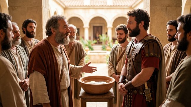 Apostle Peter speaking to Roman centurion Cornelius and his household in Caesarea. Biblical scene from Acts of the Apostles. Ancient middle eastern gathering for conversion and fellowship.