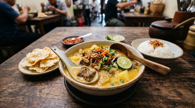 Authentic Indonesian Soto Beef Soup With Rice, Krupuk, Sambal, and Lime in Busy Traditional Warung