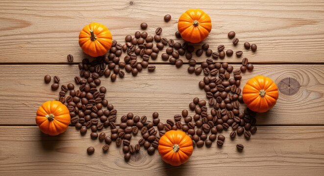 Una composici&oacute;n oto&ntilde;al con granos de caf&eacute; tostado esparcidos sobre una mesa de madera r&uacute;stica junto a peque&ntilde;as calabazas naranjas y secas, luz, natural, estacional
