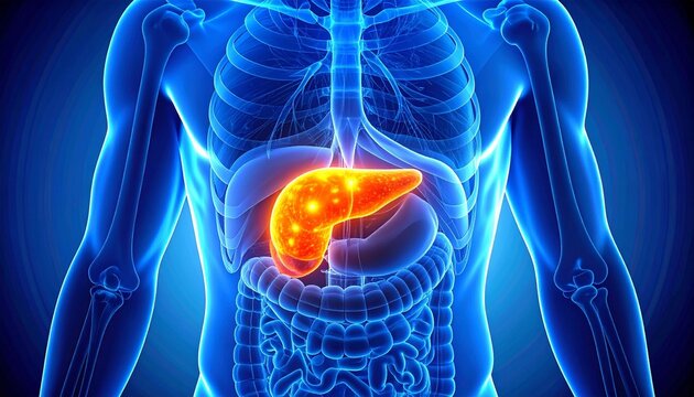 Digital medical illustration of human torso highlighting pancreas in bright orange, surrounding organs translucent blue, educational visualization of digestive anatomy.