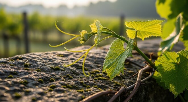 Fresh green grape vine leaves with water drops on a rainy morning