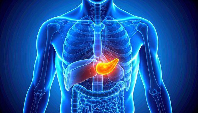 Digital medical illustration of human torso highlighting pancreas in bright orange, surrounding organs translucent blue, educational visualization of digestive anatomy.