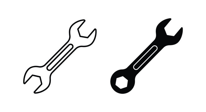 Metal wrench tool icon set in outline and solid black style for construction maintenance and repair service branding graphics