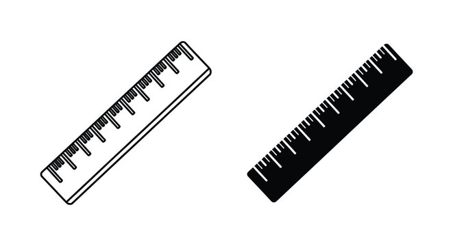 Measuring ruler tool icon set featuring straight edge drafting instrument in both minimalist outline and solid black silhouette styles for architecture engineering or school stationery design