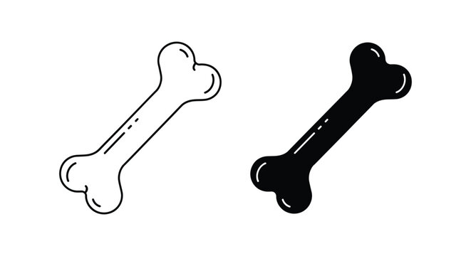 Dog bone chew toy icon set featuring pet treat or animal snack in both minimalist outline and solid black silhouette styles for veterinary clinic branding or pet store product interface design
