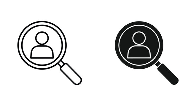 User search magnifying glass icon set in outline and solid black vector design for personnel recruitment and account management interfaces isolated on white background