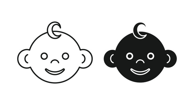 Baby face icon set in clean outline and solid black silhouette vector design for parenting and pediatric care concepts isolated on white background