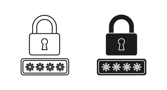 Padlock with password input field icon in outline and solid black style for digital security and cyber safety