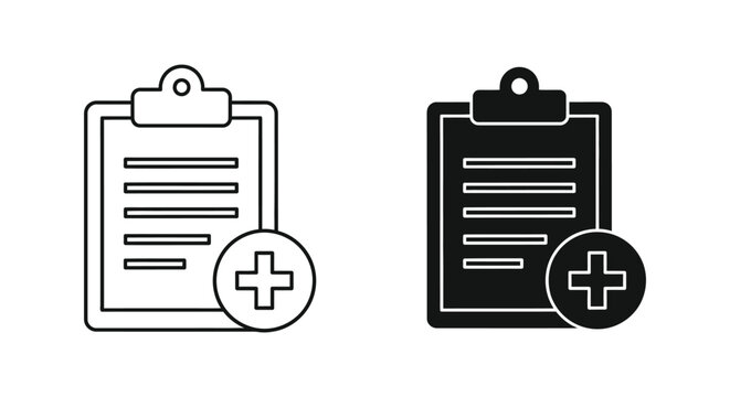 Medical clipboard with plus sign icon in outline and solid black style for healthcare and hospital administration