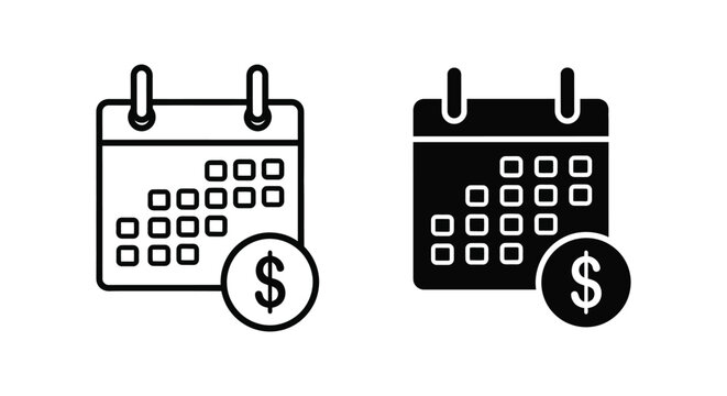 Calendar with dollar sign icon in outline and solid black style for financial planning and payment schedule