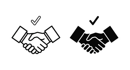 Obraz premium Handshake agreement icon set with checkmark in outline and solid black style for business partnership and contract concepts