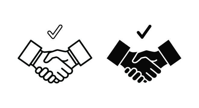 Handshake agreement icon set with checkmark in outline and solid black style for business partnership and contract concepts