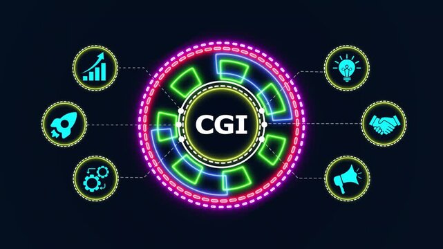 Cgi motion graphics logo animation with glowing neon light effects and business strategy icons loop.