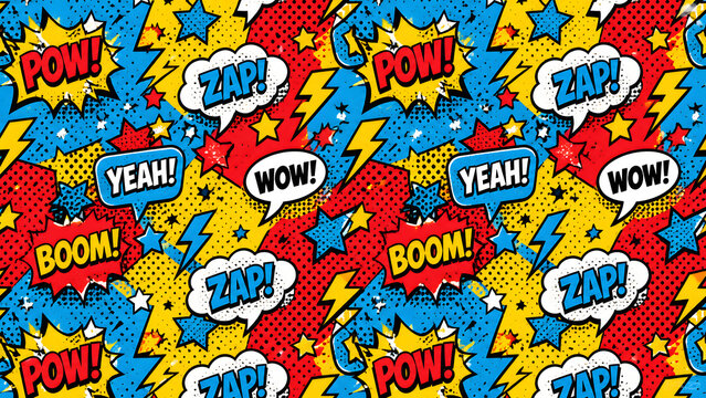 Seamless retro comic book pop art pattern with action speech bubbles and halftone dots.